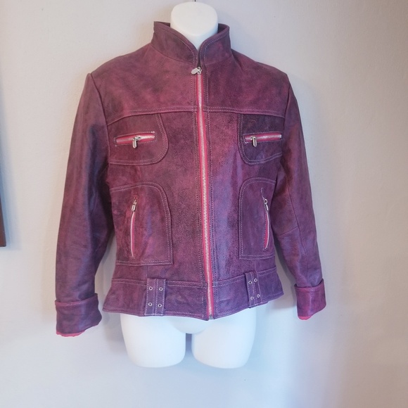 Jackets & Blazers - Leather motorcycle jacket in redish/pink size L